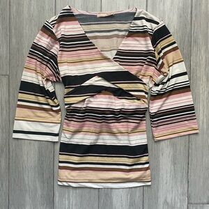 Vol. 1 Vintage Striped Wrap Front Women’s Top in Pink Black & Cream